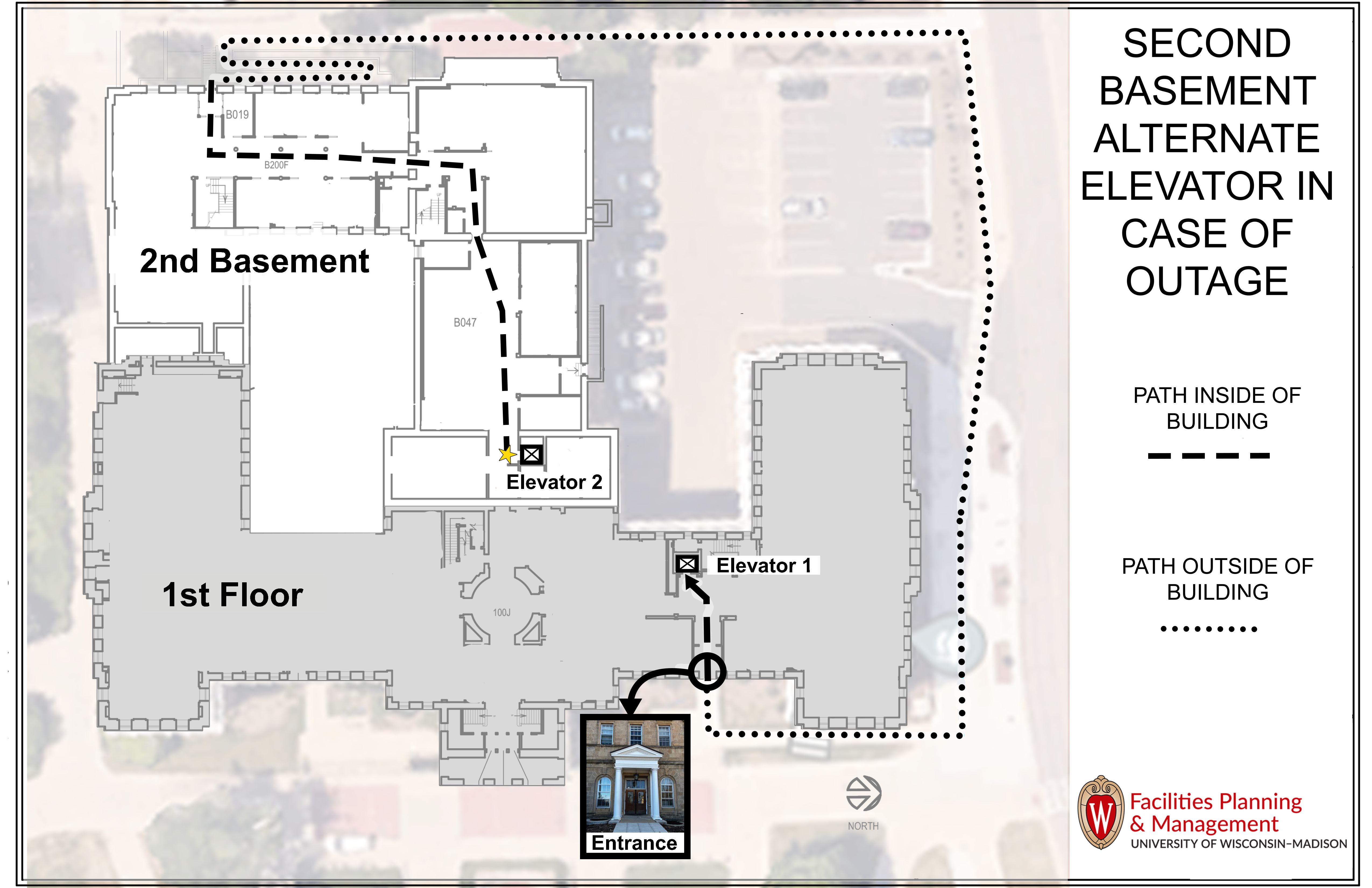 Map of Bascom Hall basement level 2 with wayfinding arrows from elevator 2 to elevator 1 via exterior path of travel.