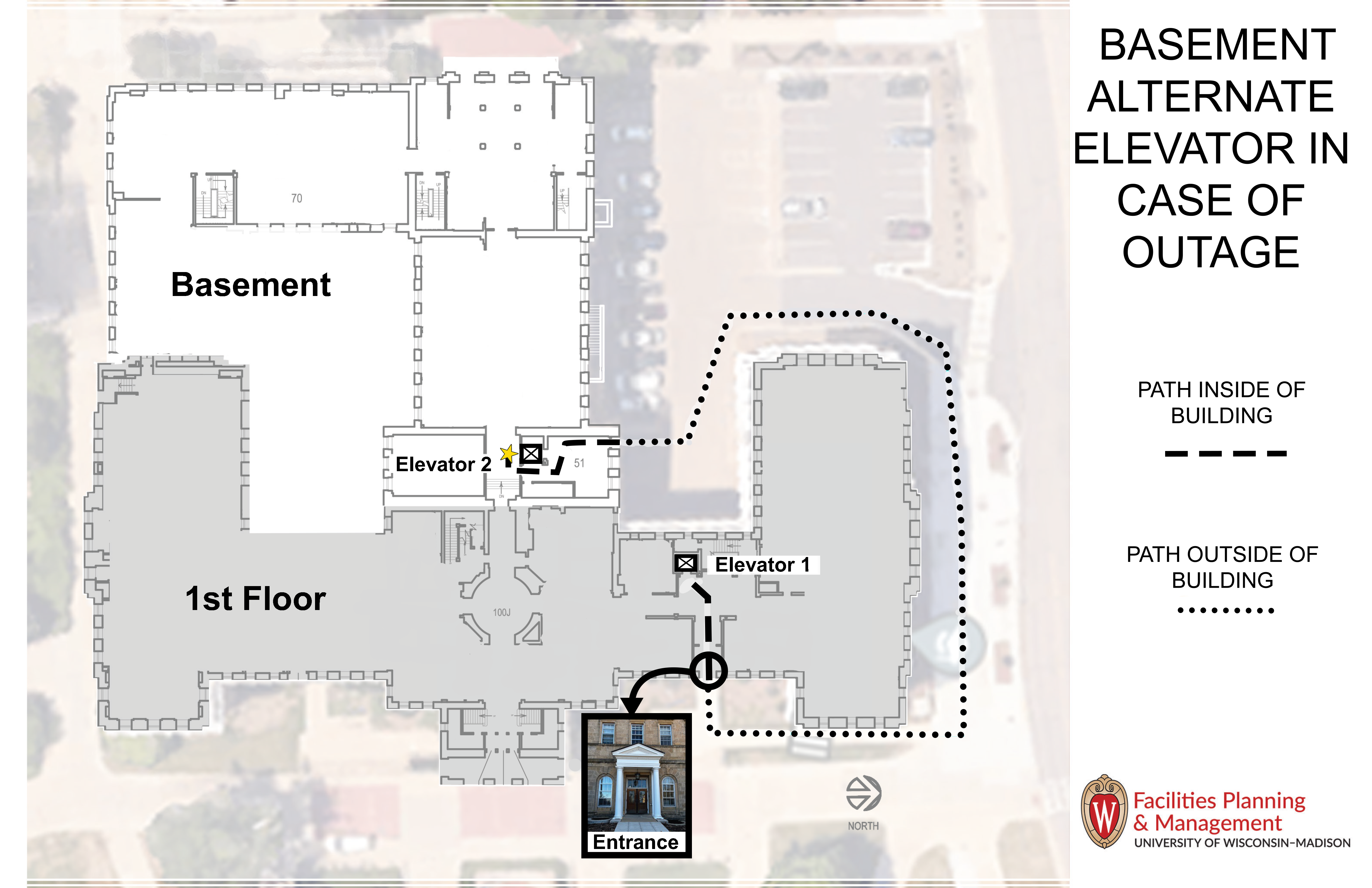 Map of Bascom Hall basement level with wayfinding arrows from elevator 2 to elevator 1 via exterior path of travel.