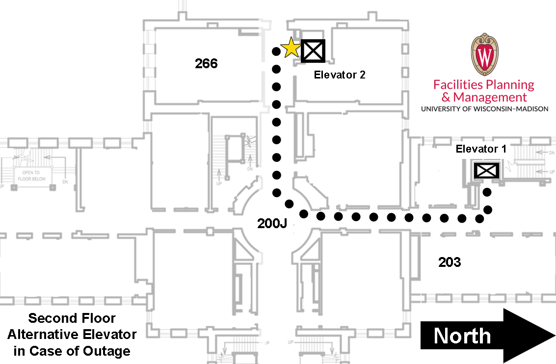 Map of Bascom Hall second floor with wayfinding arrows from elevator 2 to elevator 1.