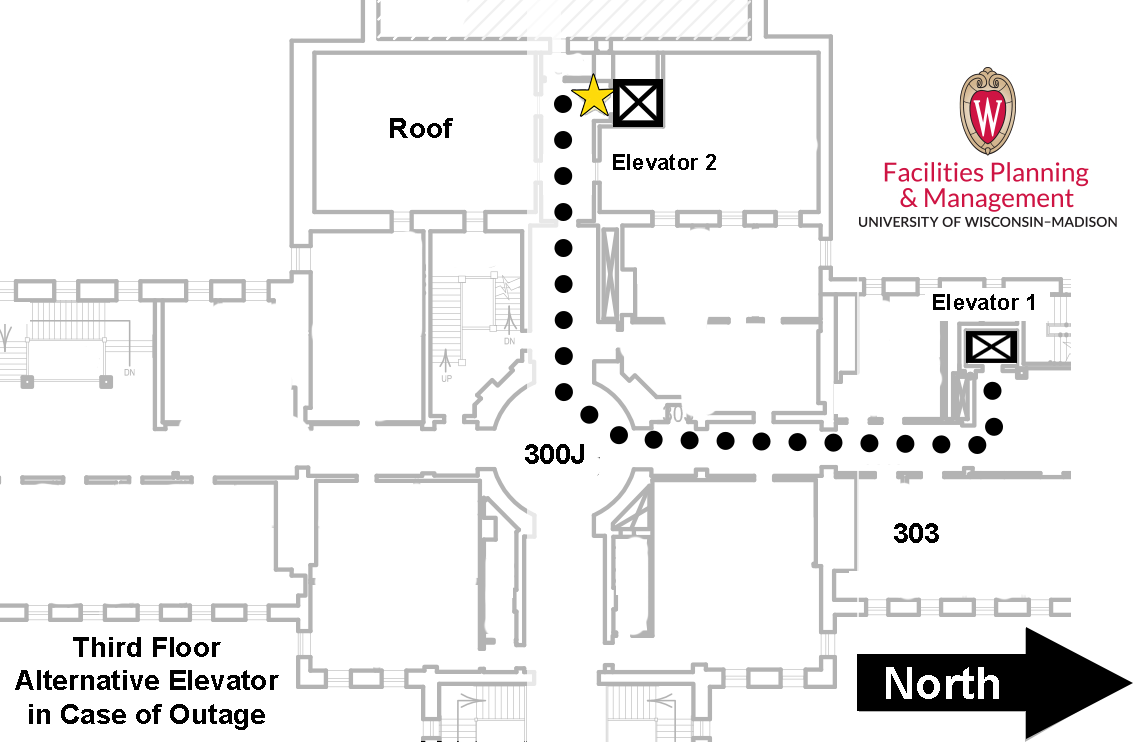 Map of Bascom Hall third floor with wayfinding arrows from elevator 2 to elevator 1.